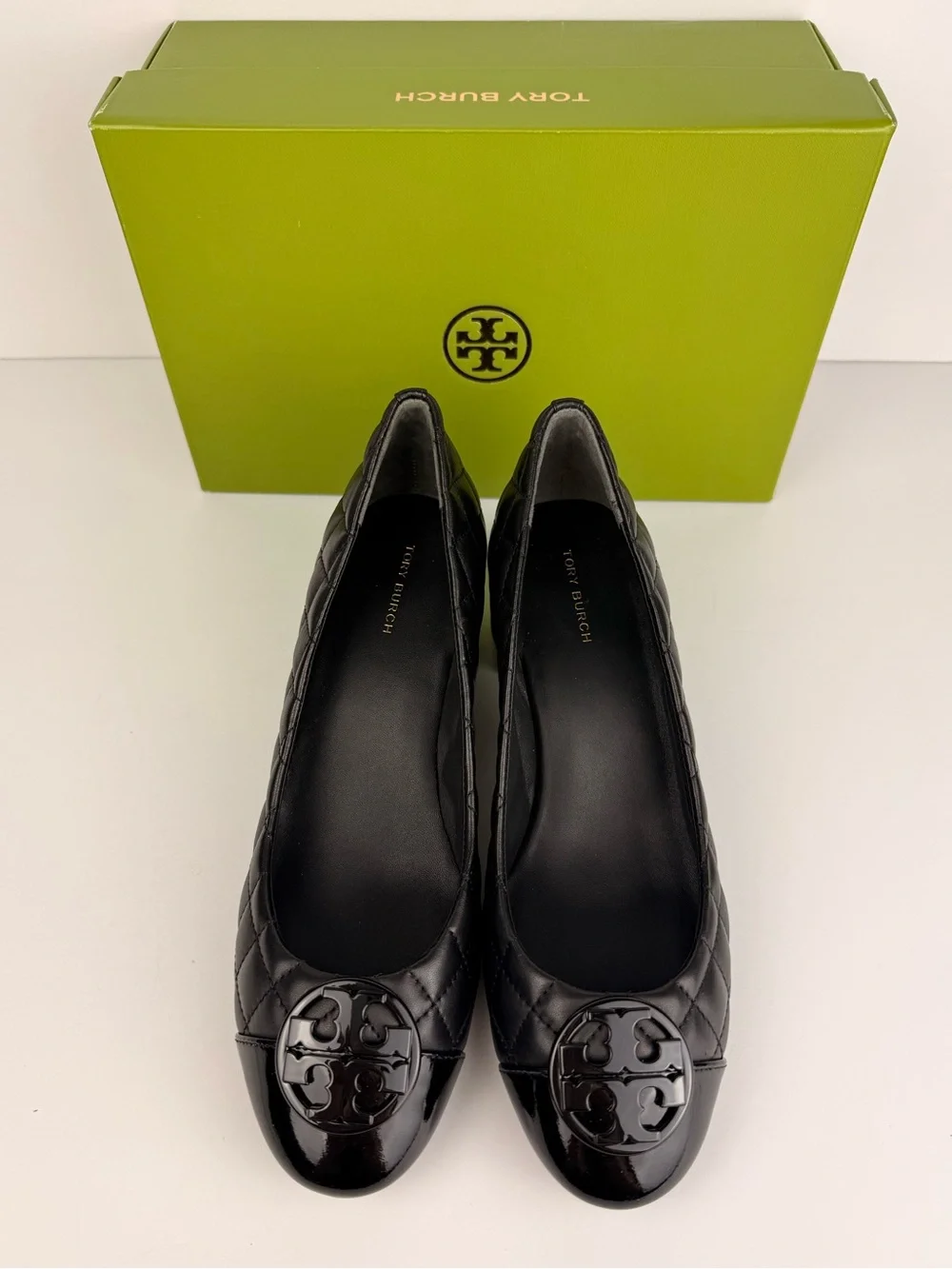 Tory Burch Chelsea 50mm Quilted Pumps Black Leather Patent Cap Toe Block Heels